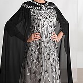 economico Lunghezza del pavimento-Abito con mantello A-Line madre della sposa elegante scollo rotondo cristalli lunghezza sul pavimento maniche lunghe con ricami in pizzo