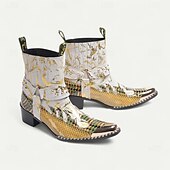 levne Prémiové kožené boty-Pánské bílo-zlaté kožené westernové boty s květinovým vzorem a zapínáním na zip - trendy boty pro běžné nošení i slavnostní nošení