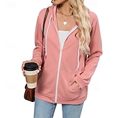 abordables Boutique Graphique Sweatshirts &amp; Hoodies-Femmes Sweats zippés Uni Streetwear Occasionnel Confortable manche longue À capuche Hauts Réguliers Rue Fête Sortir Zip Up Avec Poches Noir Rose Claire Vin bleu marine Bleu Automne