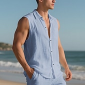 cheap Vacation-Men&#039;s Shirt Linen Shirt Casual Shirt Button Up Shirt Cotton Shirt Plain Vacation Street Black White Yellow Navy Blue Sleeveless Turndown Summer Clothing Apparel Buttons