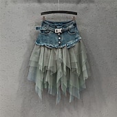 cheap Plain Skirts-Women&#039;s Skirt A Line Basic Long Carnival Costumes Ladies Asymmetrical Skirts Color Block Solid Colored Pleated Tulle Vacation Daily Wear Black Light Blue Summer Denim