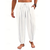 cheap Holiday-Men&#039;s Linen Pants Summer Pants Beach Pants Harem Pants Pocket Elastic Waist Drawstring Plain Comfort Breathable Calf-Length Vacation Daily Holiday Hawaiian Boho Black White
