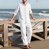 cheap Men&#039;s Tee Sets-Men&#039;s T-shirt Suits Shirt and Pant Sets 2 Pieces Outfits Long Sleeve Hooded Summer Spring Solid Color Fashion Casual Buttons 2 Piece Vacation Daily Wear Going out Black White Yellow Top Tee for Men