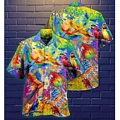 voordelige Vogels &amp; Dieren-Voor heren Papegaai Bladeren Overhemd Hawaiiaans overhemd Aloha-shirt Korte mouw Overhemd Strijkijzer Tropisch Modieus Hawaii Casual Hawaii Feestdagen Zwart Geel Zwart / Bruin S M L