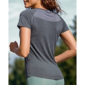 preiswerte Lauf-T-Shirts &amp; Tanktops-Damen Wanderhemd Wanderspitze Kurzarm Rundhalsausschnitt Oberteil Außen Atmungsaktiv Schnelltrocknend Feuchtigkeitsableitend Leicht Polyester Patchwork Schwarz Marinenblau Grau Tennis Golfspiel Laufen