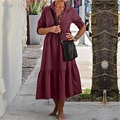 economico disegnare abiti in cotone e lino-Per donna Abito Midi Vestito Casual Abito in cotone e lino Abito Estivo Moda Moderno All&#039;aperto Data Weekend Vestibilità regolare Semplice Senza Maniche Colletto a Camicia Giallo Vino Verde militare