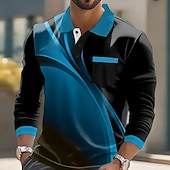 halpa Miesten geometrinen poolo-Miesten Geometrinen Polo Pitkähihainen Poolopaidat Kauluspaidat Business Casual liiketoiminta Urheilu- ja treenivaatteet Arki-asut Tasku 3D-tulostus Napit Kevät Syksy Talvi Rubiini Sininen Ruskea
