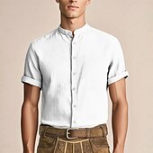 cheap Shirts-Men&#039;s Oktoberfest Shirt Lederhosen Shirt Band Collar Linen Shirt 100% Cotton Beer Costume Short Sleeves Bavarian German Alpine Wiesn Party Beer Carnival Festival Traditional Style Cloth