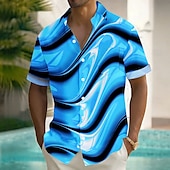 cheap Geometric Pattern-Men&#039;s Geometric Waves Shirt Summer Shirt Button Up Shirt Short Sleeve Fashion Casual Vacation Holiday Streetwear Summer Turndown 3D Print Front One Pocket Linen Like Shirt Yellow Blue Purple Green