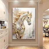 preiswerte Tierdrucke-1 ungerahmtes Wandbild auf Leinwand mit goldenem Pferd – modernes, dekoratives Vintage-Gemälde mit Stadthintergrund in Weiß und Gold für Wohnzimmer oder Schlafzimmer im Western-Stil