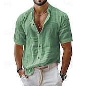 economico Camicie di lino-Per uomo Camicia Camicia di lino Camicia casual Camicia con Bottoni Camicia di cotone Semplice Vacanza Streetwear Nero Bianco Verde chiaro Rosa Manica Corta Collo ripiegato Estate Abbigliamento