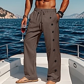 baratos Feriado-Homens Calças de linho Calças Calça verão Calças largas Calças de praia Com Cordão Botão Lateral Perna reta Tecido Conforto Respirável Comprimento total Casual Diário Feriado Férias Moda Preto Branco