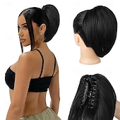 abordables Queue-de-cheval-Extension queue de cheval 10 pièces, postiche queue de cheval courte à clipser, chignon décoiffé, postiche synthétique naturel, doux et raide pour femme - brun foncé avec mèches
