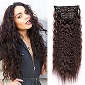 abordables Clip dans les extensions-Extensions de cheveux à clips marron 6 pièces extensions de cheveux 22 extensions de cheveux synthétiques longs bouclés ondulés postiches de cheveux naturels épais et ondulés