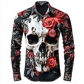 cheap 3D Pattern-Men&#039;s Skull Romantic Rose Shirt Button Up Shirt Long Sleeve Gothic Style Holiday Streetwear Summer Spring Turndown 3D Print Collared Shirts Black White