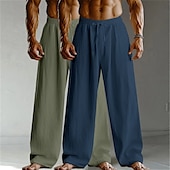baratos Clássico-Homens Calças de linho Calças Calça verão Calças largas Calças de praia Com Cordão Cintura elástica Perna reta Tecido Conforto Respirável Comprimento total Casa Diário Feriado Férias Moda Branco
