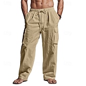 baratos Clássico-Homens Calças Cargo Calças de linho Calças Calça verão Calças de praia Com Cordão Cintura elástica Bolso multi Tecido Conforto Respirável Comprimento total Ao ar livre Casual Diário Férias Moda Preto