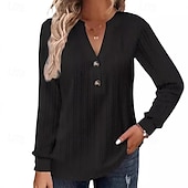 abordables Hauts Unis pour Femmes-Femmes Chemisier Uni Moderne Occasionnel manche longue Col en V Hauts Réguliers Quotidien Fête Sortir Boutons Noir Blanche Rose Claire Vert Kaki Automne