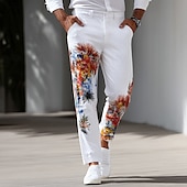 cheap Men&#039;s Printed Dress Pants-Men&#039;s Floral Print Flowers Dress Pants Trousers Suit Pants Mid Waist Casual Outdoor Vacation Regular Fit Flat-Front Straight Leg Pants with Pockets Summer Spring Fall 3D Print White