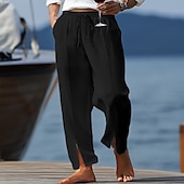baratos Feriado-Homens Calças de linho Calças Calça verão Calças largas Com Cordão Cintura elástica Fenda Tecido Conforto Respirável Comprimento total Casual Diário Feriado Férias Moda Preto Branco Sem Elasticidade