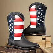 cheap Cowboy &amp; Western Boots-Men’s Brown Faux Leather Western Boots with American Flag Design – Durable Leather Boots for Outdoor Adventures, Country Events and Patriotic Celebrations