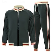 preiswerte T-Shirts-Sets für Männer-Herren T-Shirt Anzüge Hemd- und Hosensets 2-teiliges Outfit Langarm Stehkragen Sommer Streifen Mode Lässig 2 teilig Urlaub Alltagskleidung Ausgehen Schwarz Rote Marineblau Top T-Shirt für Herren