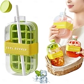 voordelige Drinkgerei-ijsblokjesfles met rietje voor een koele zomer, My Crush Cup ijsblokjesvormpjes voor waterflessen, 2-in-1 draagbare aanraakvrije ijsblokjesmachine met deksel en bak voor het snel maken van ijs