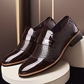 cheap Men&#039;s Slip-ons &amp; Loafers-Men’s Black Patent Faux Leather Loafers with Textured Scale Pattern and Metal Buckle, Elegant Slip-On Dress Shoes for Weddings, Business and Formal Events