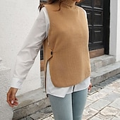 abordables Pulls sans manches-Femmes Pull Gilet Pull Occasionnel Couleur Unie Épais Col roulé Tricoté Sans manches Hauts Réguliers Tricoter Quotidien Fête Sortir Noir Marron Automne Hiver
