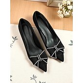 זול Block Heels-נעלי עקב שחורות זמש לנשים, נעלי ערב מחודדות עם פפיון אבני חן, אלגנטיות ונוחות לדייטים קז&#039;ואל ולתלבושות יומיומיות