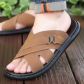 cheap Vacation Sandals-Men&#039;s Tan Faux Leather Slide Sandals Cross-Strap Open-Toe Design with Arch Support Great for Casual Summer Home and Street Style