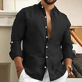 economico Casa-Per uomo Camicia Camicia di lino Camicia Estiva Abbigliamento da spiaggia Camicia con Bottoni Semplice Vacanza Casuale Nero Bianco Blu Cachi Manica Lunga Colletto Primavera &amp; Estate Abbigliamento