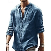 preiswerte Straße-Herren Hemd Leinenhemd Stehkragenhemd Sommerhemd Strandbekleidung Knopfhemd Einfarbig Outdoor Urlaub Schwarz Blau Grün Langarm Kragen Frühling Herbst Bekleidung Button-Down