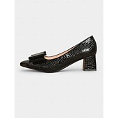 baratos década de 1950-Sapatos vintage femininos de couro envernizado com relevo de crocodilo - scarpins marrons de bico fino com laço grande e salto bloco para escritório, chás da tarde e roupas inspiradas nos anos 1950