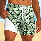 billiga Tropiska växter och blommor-Herr Tropiska växter Dödskalle Blommor Fodrade shorts 2 i 1 simshorts Badshorts Medium Midja Hawaiisk Strandsemester Sidfickor Med kompressionsfoder Elastisk dragsko i midjan Designer Kläder