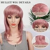 tanie Peruki historyczne-Peruki Mullet dla Czarno-Kobiet Prosta Peruka Wolf Cut Mullet Peruka Warstwowe Mullet Peruki z Grzywką Miękkie Syntetyczne Shag 80s 90s Mullet Peruki dla Kobiet Rocker Cosplay Peruki Halloween