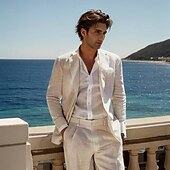 economico Costumi da spiaggia-Abiti da uomo in lino, bianchi, semi-foderati, leggeri, casual, estivi, tinta unita, vestibilità standard, 2 pezzi, monopetto, un bottone