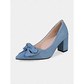 abordables Années 1950-Escarpins à talon carré bleu clair pour femme avec nœud – Escarpins vintage en denim à bout pointu des années 1950 pour le bureau, les mariages et le quotidien