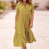 economico disegnare abiti in cotone e lino-Per donna Abito Midi Vestito Casual Abito in cotone e lino Abito Estivo Moda Moderno All&#039;aperto Data Weekend Vestibilità regolare Semplice Senza Maniche Colletto a Camicia Giallo Vino Verde militare