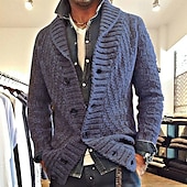 cheap Men&#039;s Cardigan Sweater-Men&#039;s Sweater Cardigan Sweater Cable Knit Regular Tops Knitted Plain Shawl Collar Modern Contemporary Casual Casual Daily Wear Clothing Apparel Fall Winter Black Navy Blue S M L