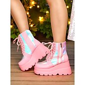 baratos Festa da Vida Noturna-Botas de combate femininas plataforma rosa, botas de cano curto holográficas com cadarço e salto grosso com zíper lateral, estilo de rua ousado para vida noturna e roupas de festa