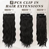 baratos Clip nas extensões-Extensões de cabelo com clipe ondulado de 20 polegadas, 5 peças de apliques sintéticos grossos e macios, pretos naturais, cabeça inteira, extensões de cabelo com clipe para mulheres, longas,