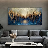 abordables Pinturas abstractas-Gran pintura al óleo original dorada sobre lienzo, arte de pared abstracto minimalista con textura azul, pintura personalizada, decoración de pared bohemia, decoración de pared de sala de estar