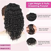ieftine Coadă de cal-Extensie de coadă de cal neagră de 14 inch, coadă de cal creță cu șnur, pentru femei, coadă de cal falsă cu clips, extensii de păr sintetice crețe, coadă de cal