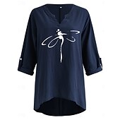 cheap Shirts-Women&#039;s Cotton Linen Shirts Dragonfly Basic Casual Long Sleeve V Neck Regular Tops Daily Print Black Navy Blue Sky Blue Summer Fall