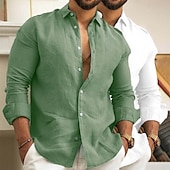 cheap Home-Men&#039;s Linen Shirt Summer Shirt Beach Wear Casual Shirt Button Up Shirt Plain Vacation Daily White+Green Green+Khaki Gray+Khaki Pink+Navy Blue Long Sleeve Lapel Summer Spring Clothing Apparel
