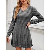 cheap Plain Dress-Women&#039;s Mini Dress A Line Dress Casual Daily Regular Fit Plain Long Sleeve V Neck Wine Light Brown Green Dark Gray Winter Autumn