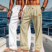 baratos Feriado-Homens Calças de linho Calças Calça verão Calças largas Calças de praia Com Cordão Cintura elástica Perna reta Tecido Conforto Respirável Comprimento total Ao ar livre Feriado Praia Férias Moda