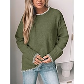preiswerte Einfarbige Farben-Damen Pullover Lässig Weich Einfarbig Gerippt Rundhalsausschnitt Patchwork Gestrickt Langarm Normale Oberteile Stricken Outdoor Täglich Wochenende Grün Khaki Herbst Winter