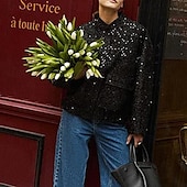 abordables Chaquetas de cuero sintético-Mujer Abrigo de invierno Cómodo Bolsillo Lentejuela Moda Plano Exterior Noche Botonadura Simple Regular Escote Chino Ajuste regular Manga Larga Ropa de calle Negro Dorado Otoño Invierno